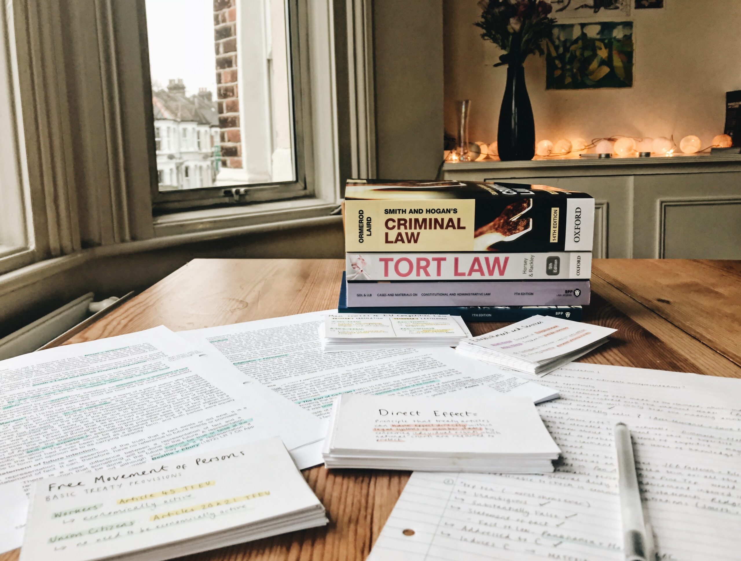 desk with law papers and books