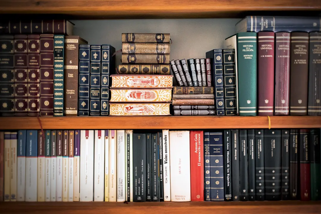 Books stacked on a bookshelf