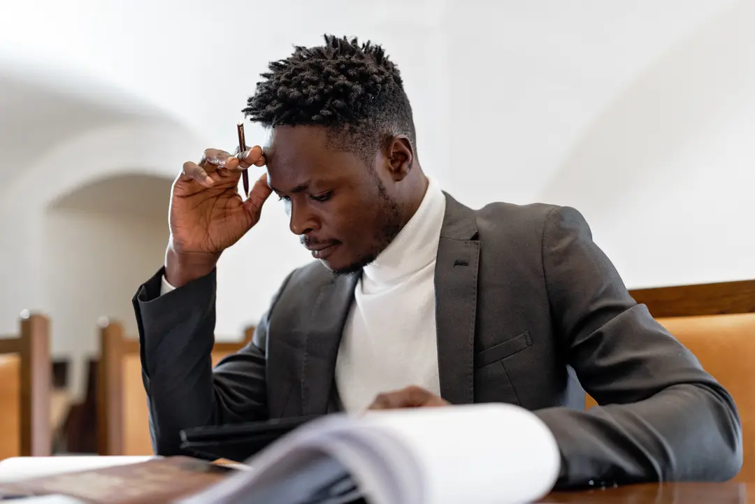 Lawyer reading and thinking